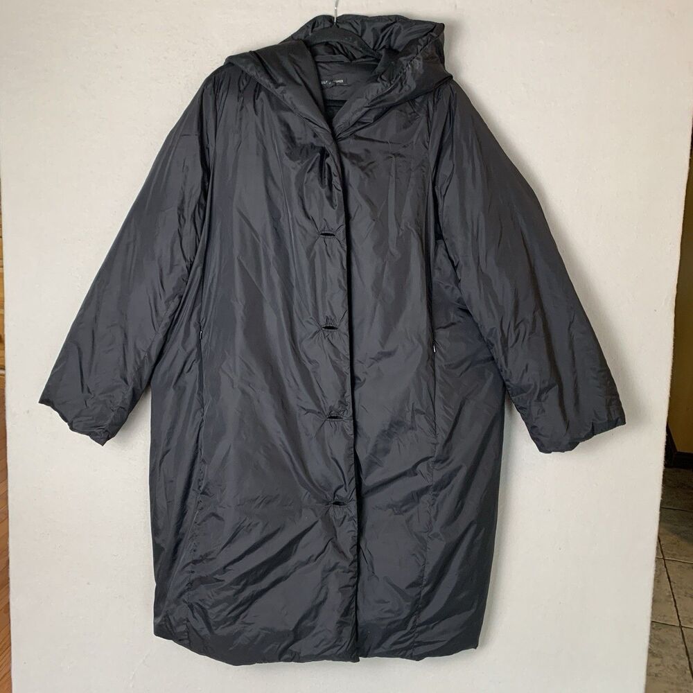Eileen Fisher Puffer Coat Jacket Women Large Black Down Long Hooded Parka READ